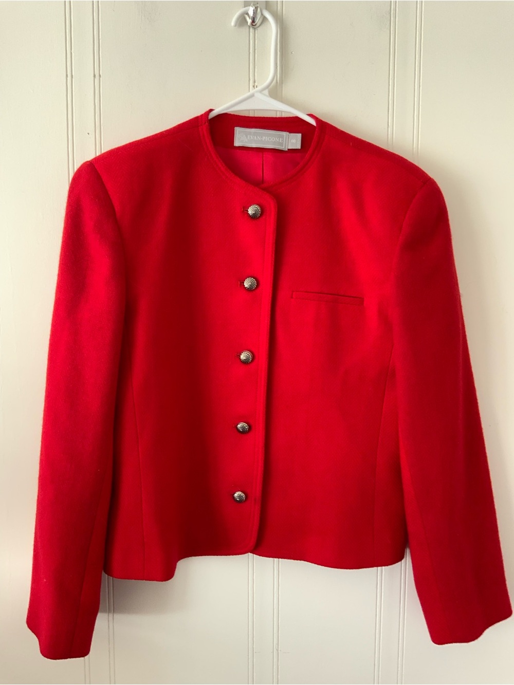 Evan Picone Vibrant Red Collarless Wool Blazer with Metal Buttons